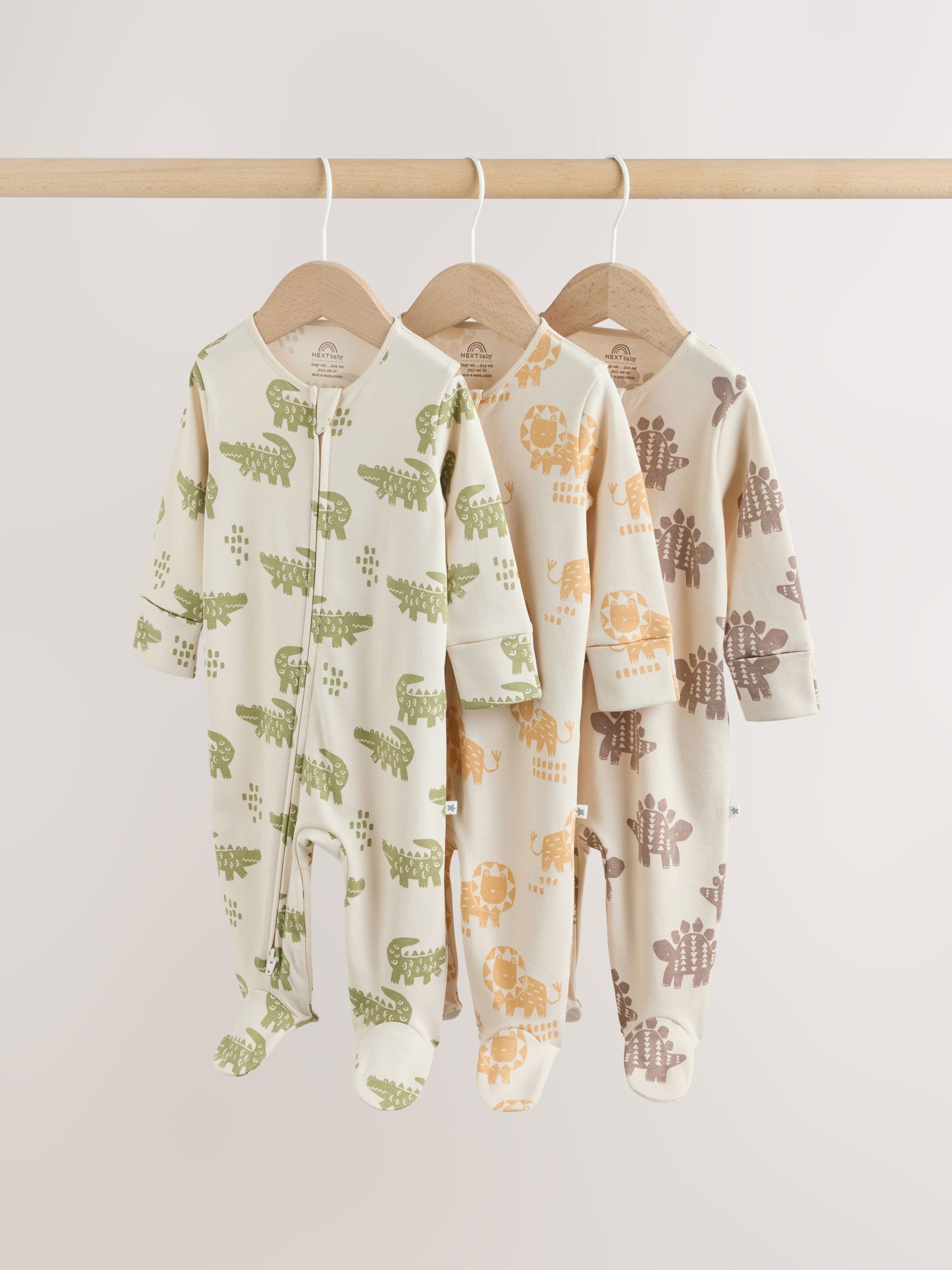 Multi Safari Two Way Zip Baby Sleepsuits 3 Pack (0mths-2yrs) image 1