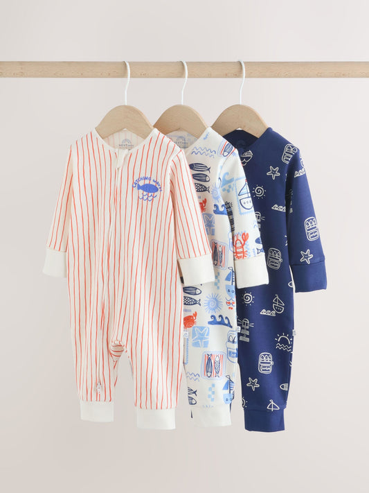 Blue Nautical Two Way Zip Baby Sleepsuits 3 Pack (0mths-3yrs) image 1