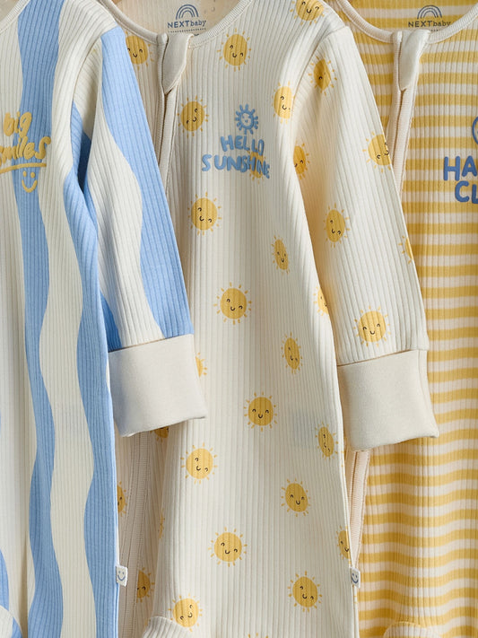 Yellow/Blue Sunshine Two Way Zip Baby Sleepsuits 3 Pack (0mths-3yrs) image 3