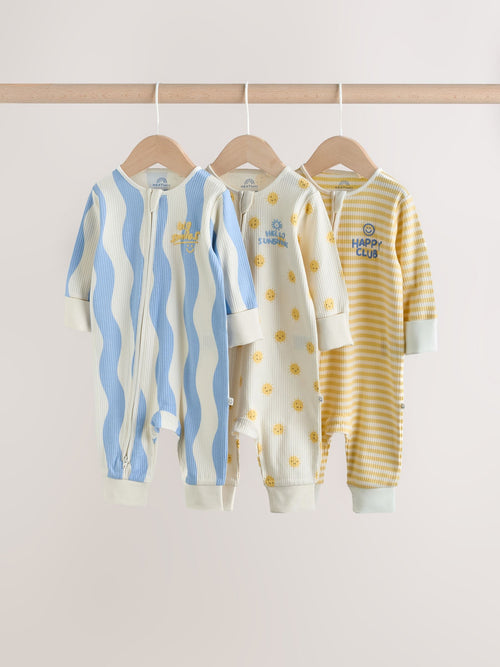 Yellow/Blue Sunshine Two Way Zip Baby Sleepsuits 3 Pack (0mths-3yrs) image 1