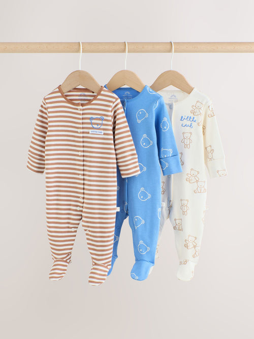 Blue/Ecru Bear Baby Sleepsuits 3 Pack (0-2yrs) image 1