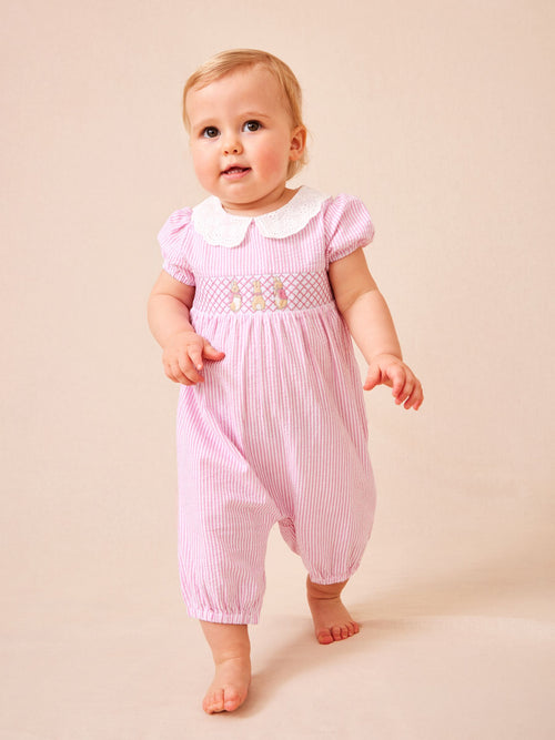 JoJo Maman Bébé Pink Flopsy Embroidered Stripe Romper image 1