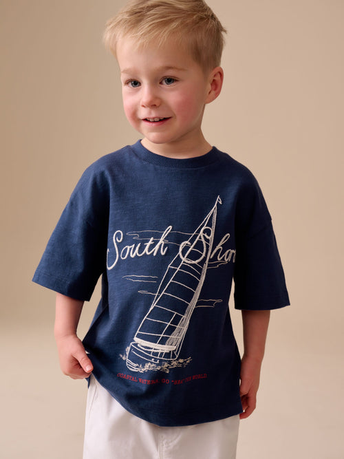 Navy Blue Boat Short Sleeve Graphic T-Shirt (3mths-7yrs) image 1
