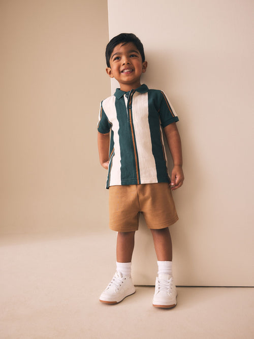 Green/Ecru Stripe Short Sleeve Polo Shirt and Shorts Set (3mths-7yrs) image 1