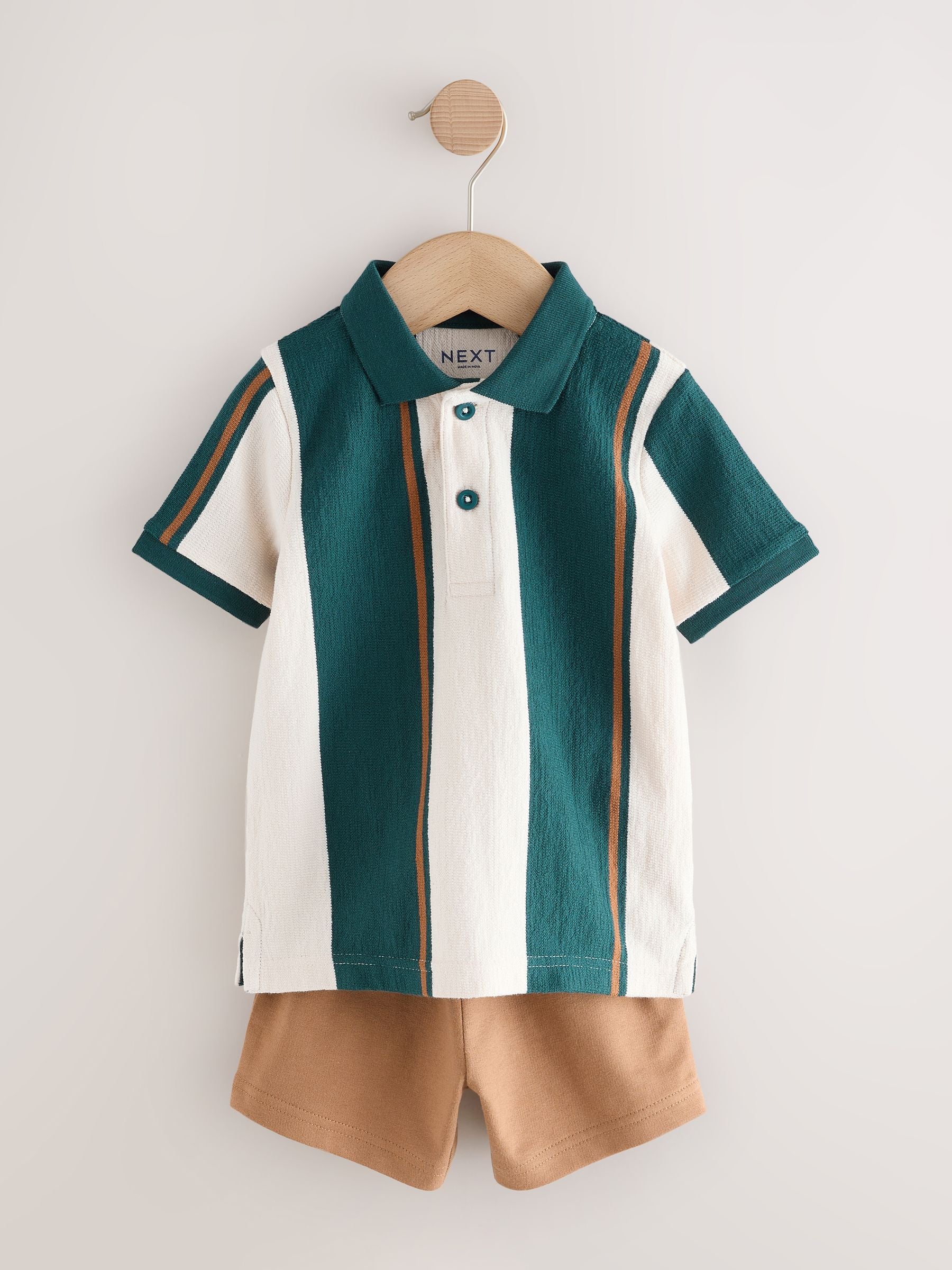 Green/Ecru Stripe Short Sleeve Polo Shirt and Shorts Set (3mths-7yrs) image 4