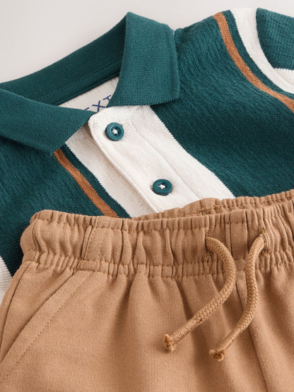 Green/Ecru Stripe Short Sleeve Polo Shirt and Shorts Set (3mths-7yrs) image 7