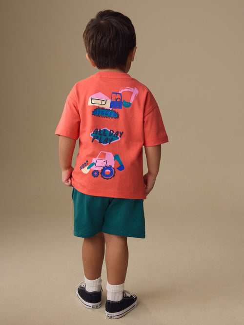 Coral Pink Digger Short Sleeve Back Print T-Shirt and Shorts Set (3mths-7yrs) image 1