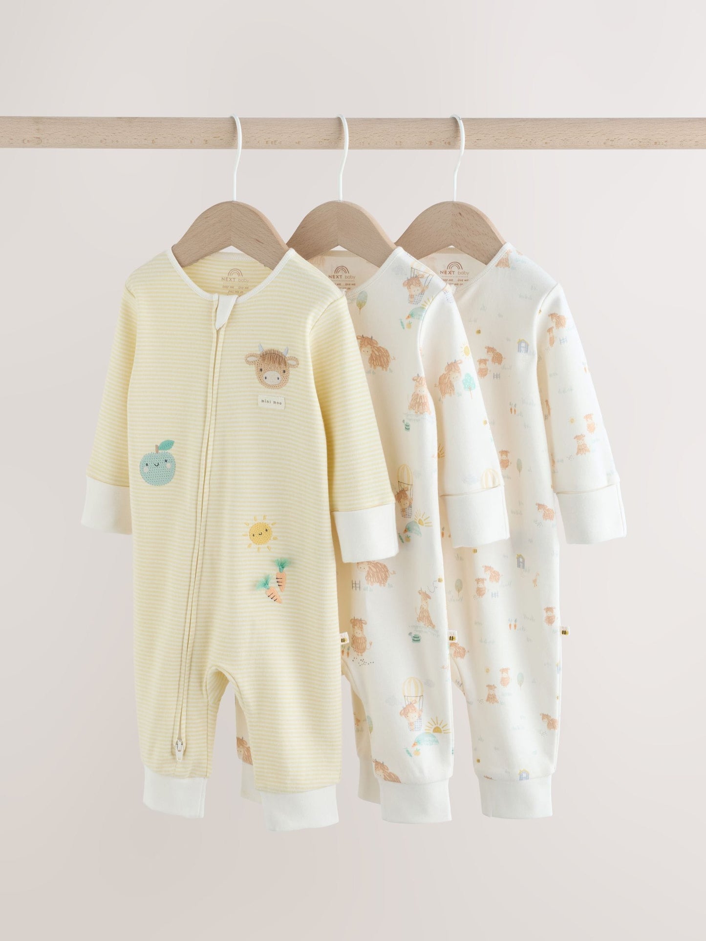 Cream Hamish Two Way Zip Baby Sleepsuits 3 Pack (0mths-3yrs) image 1