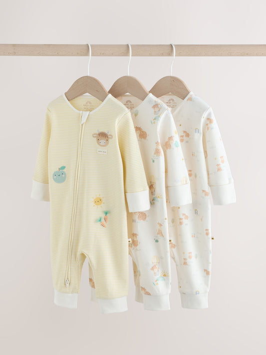 Cream Hamish Two Way Zip Baby Sleepsuits 3 Pack (0-3yrs) image 1