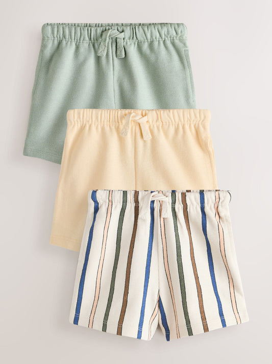 Sage Green Soft Yellow and Pastel Stripe Textured Shorts 3 Pack (3mths-7yrs) image 1