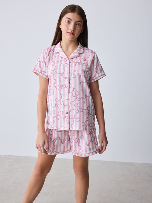 Baker by Ted Baker Pink Satin Bow Stripe Shirt & Short Pyjamas Set image 1