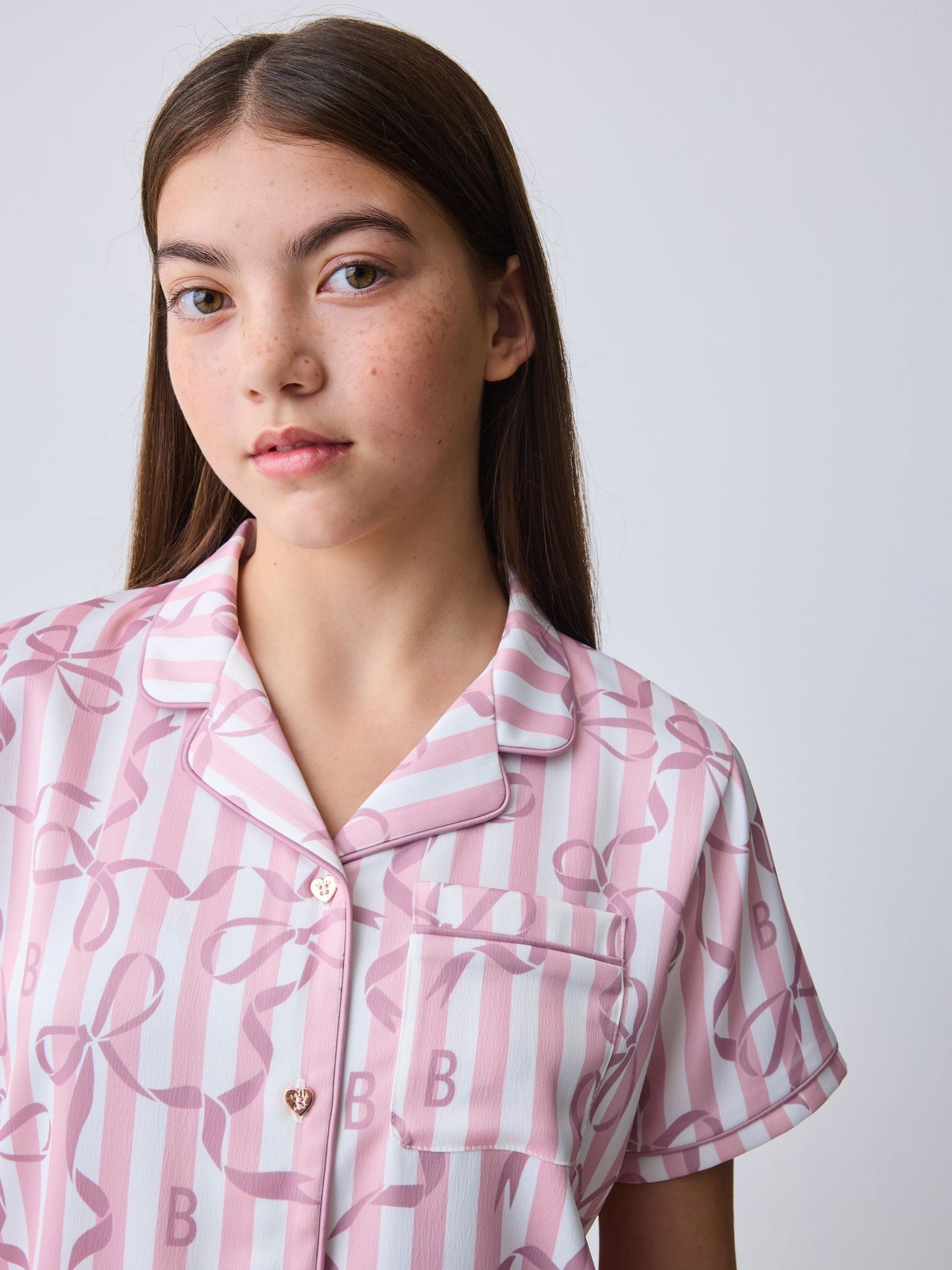 Baker by Ted Baker Pink Satin Bow Stripe Shirt & Short Pyjamas Set image 3