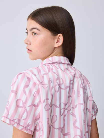 Baker by Ted Baker Pink Satin Bow Stripe Shirt & Short Pyjamas Set image 4
