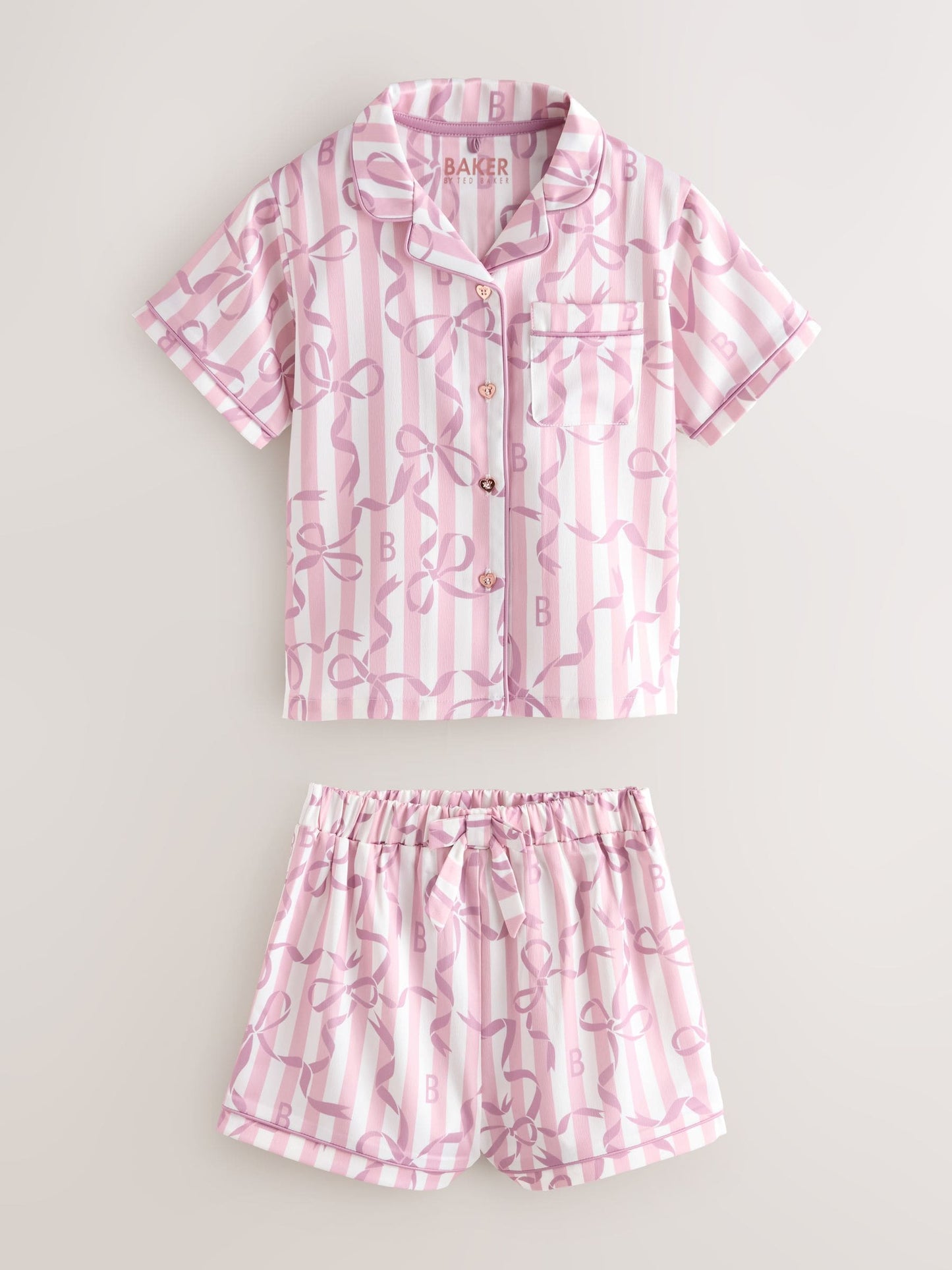 Baker by Ted Baker Pink Satin Bow Stripe Shirt & Short Pyjamas Set image 6
