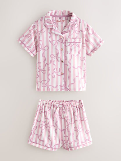 Baker by Ted Baker Pink Satin Bow Stripe Shirt & Short Pyjamas Set image 6
