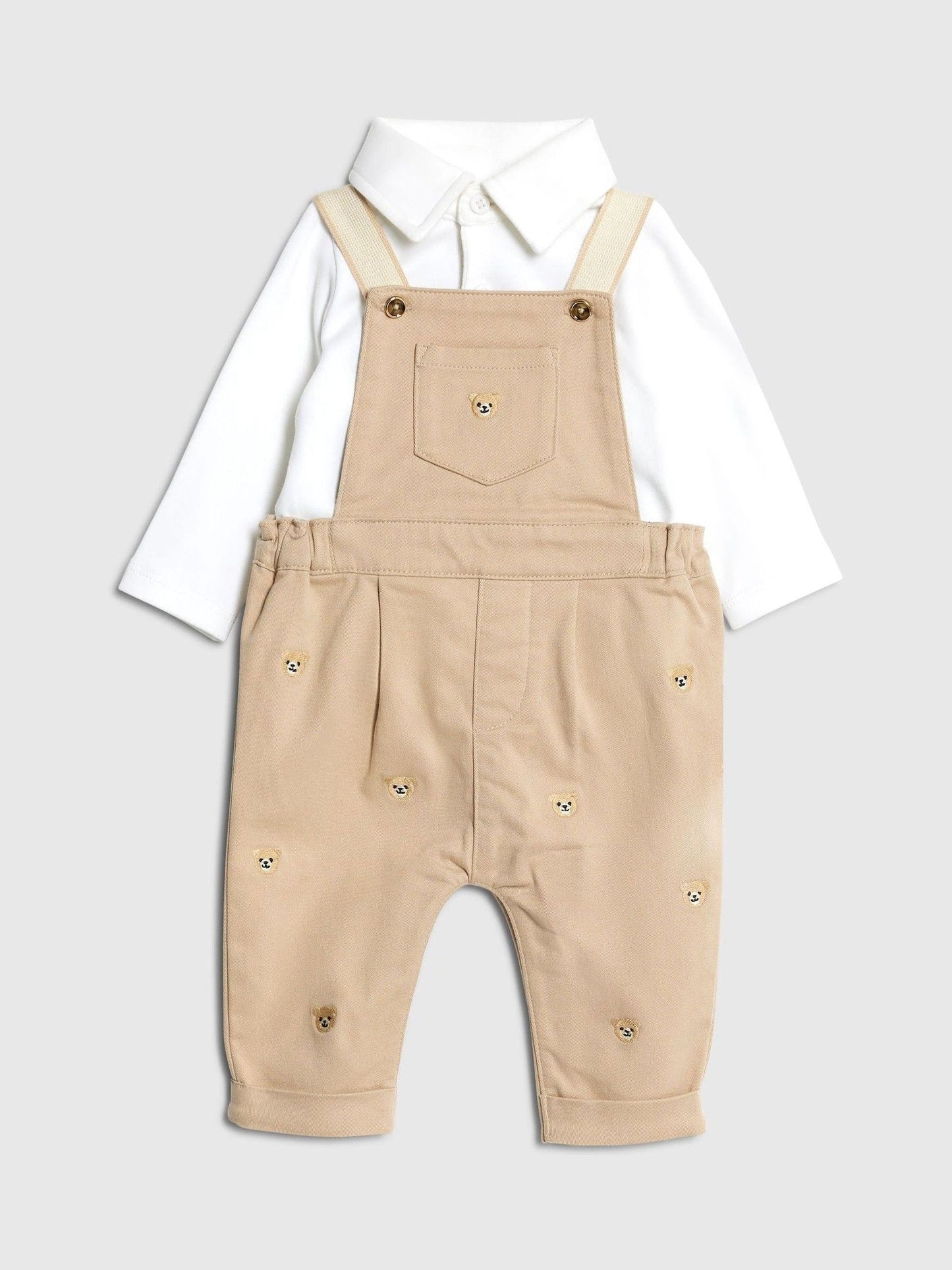 River Island Brown Baby Boys Bear Dungarees Set