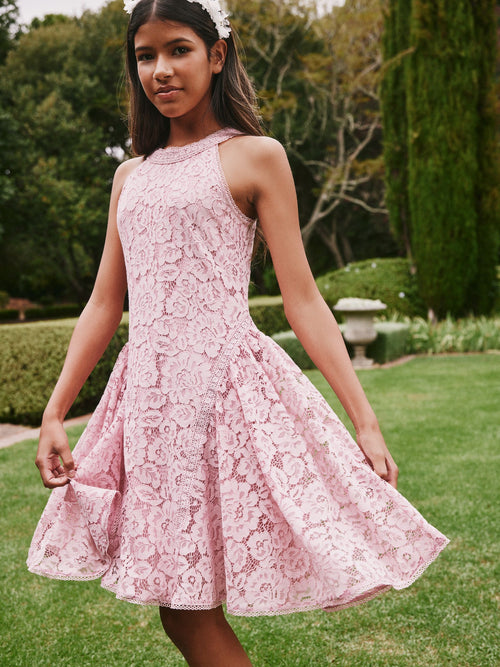 Dsiney Kidz - Baker by Ted Baker Dusky Pink Lace Halter Drop Waist Dress image 1