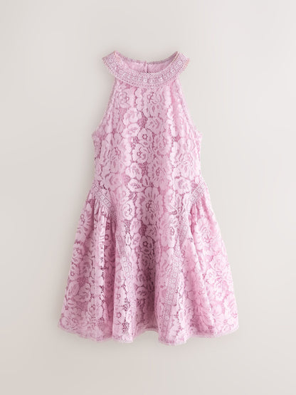 Baker by Ted Baker Dusky Pink Lace Halter Drop Waist Dress image 7