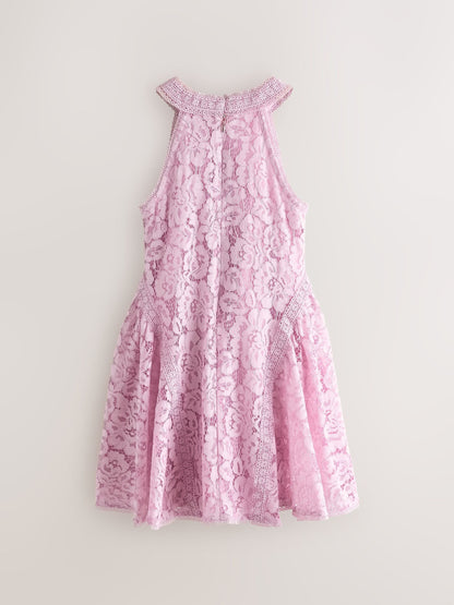 Baker by Ted Baker Dusky Pink Lace Halter Drop Waist Dress image 8