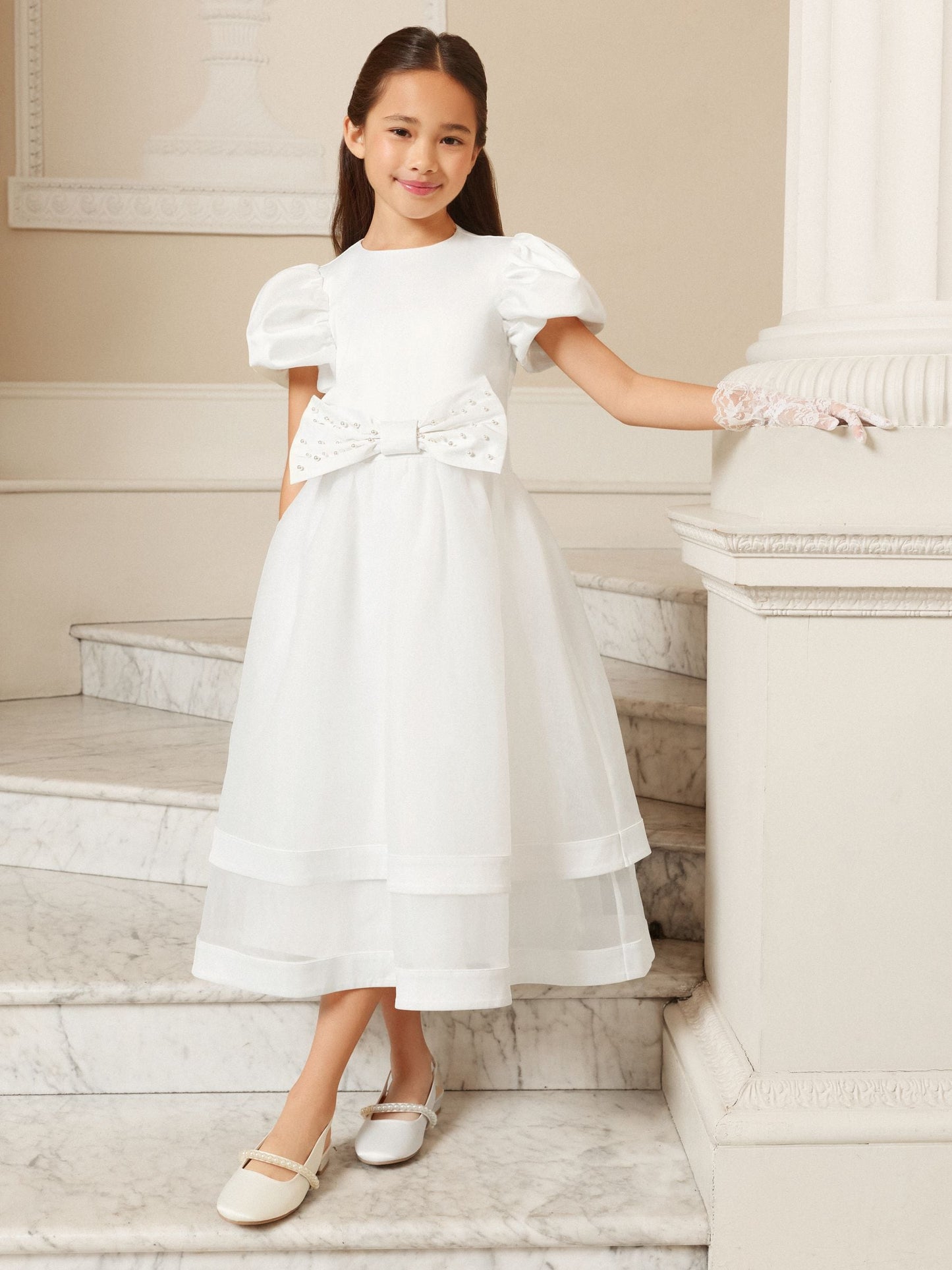 Lipsy White Holy Communion Heart Cut Out Tiered Occasion Dress (7-11yrs) image 1