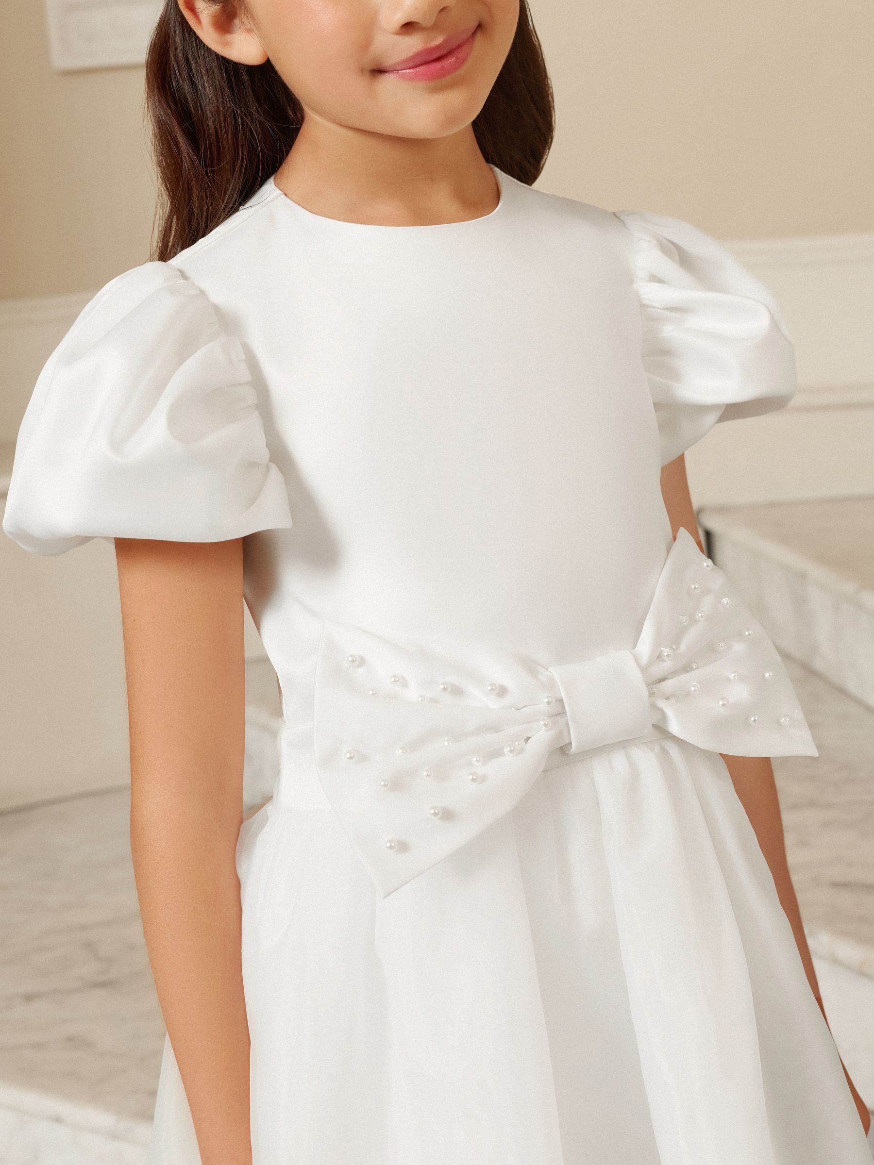Lipsy White Holy Communion Heart Cut Out Tiered Occasion Dress (7-11yrs) image 3