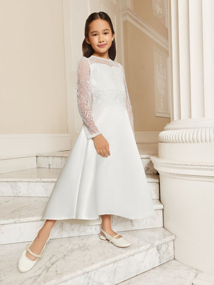 Lipsy White Holy Communion Long Sleeve Lace Satin Occasion Dress (7-11yrs) image 1