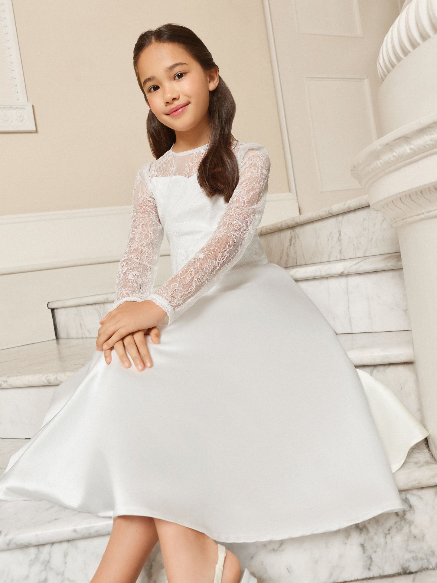 Lipsy White Holy Communion Long Sleeve Lace Satin Occasion Dress (7-11yrs) image 3