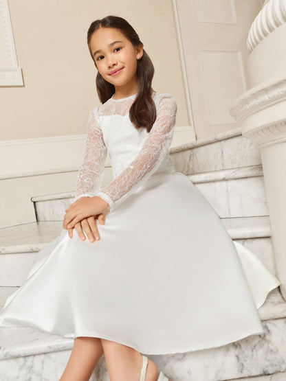 Lipsy White Holy Communion Long Sleeve Lace Satin Occasion Dress (7-11yrs) image 3