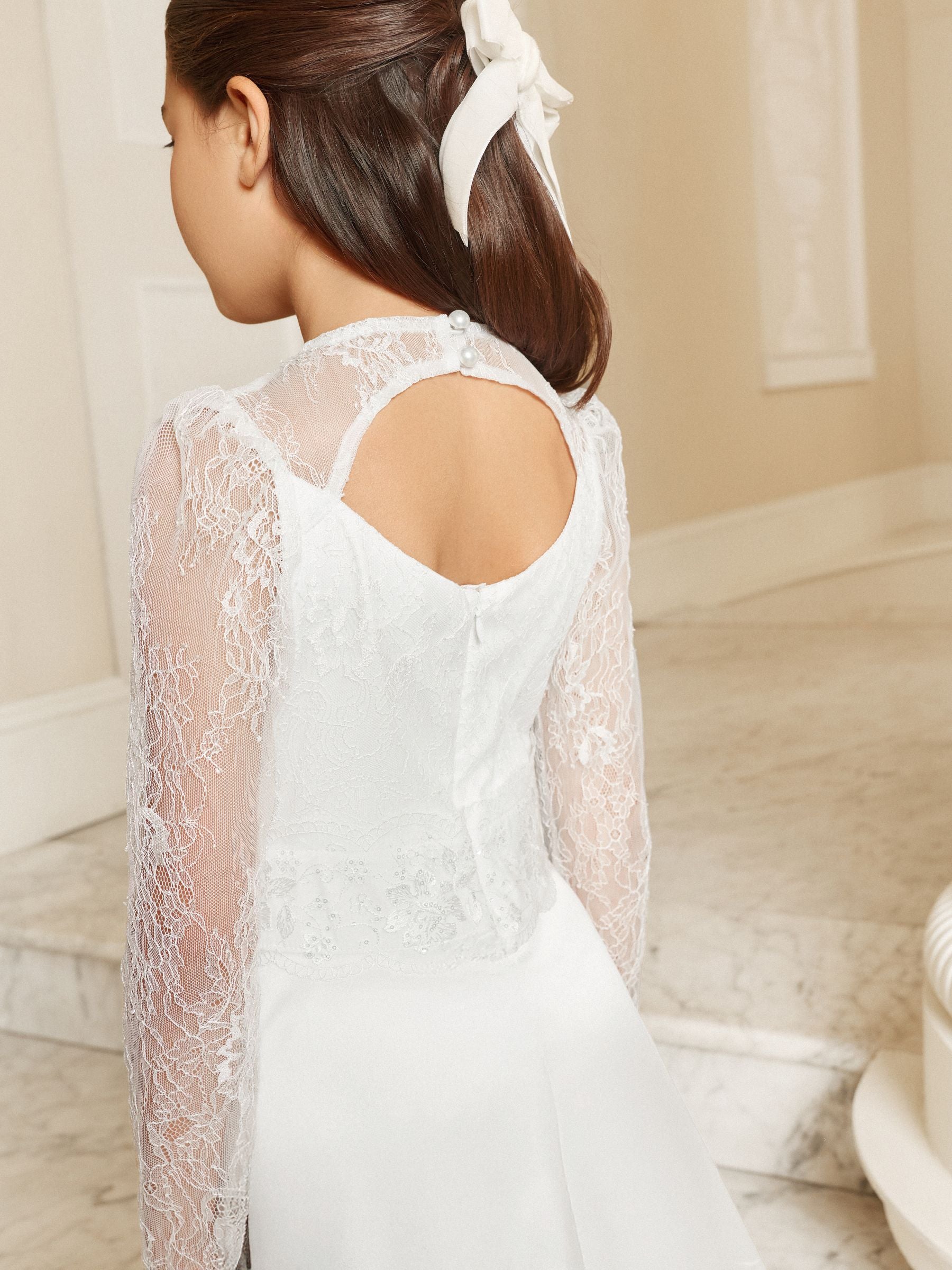 Lipsy White Holy Communion Long Sleeve Lace Satin Occasion Dress (7-11yrs) image 4