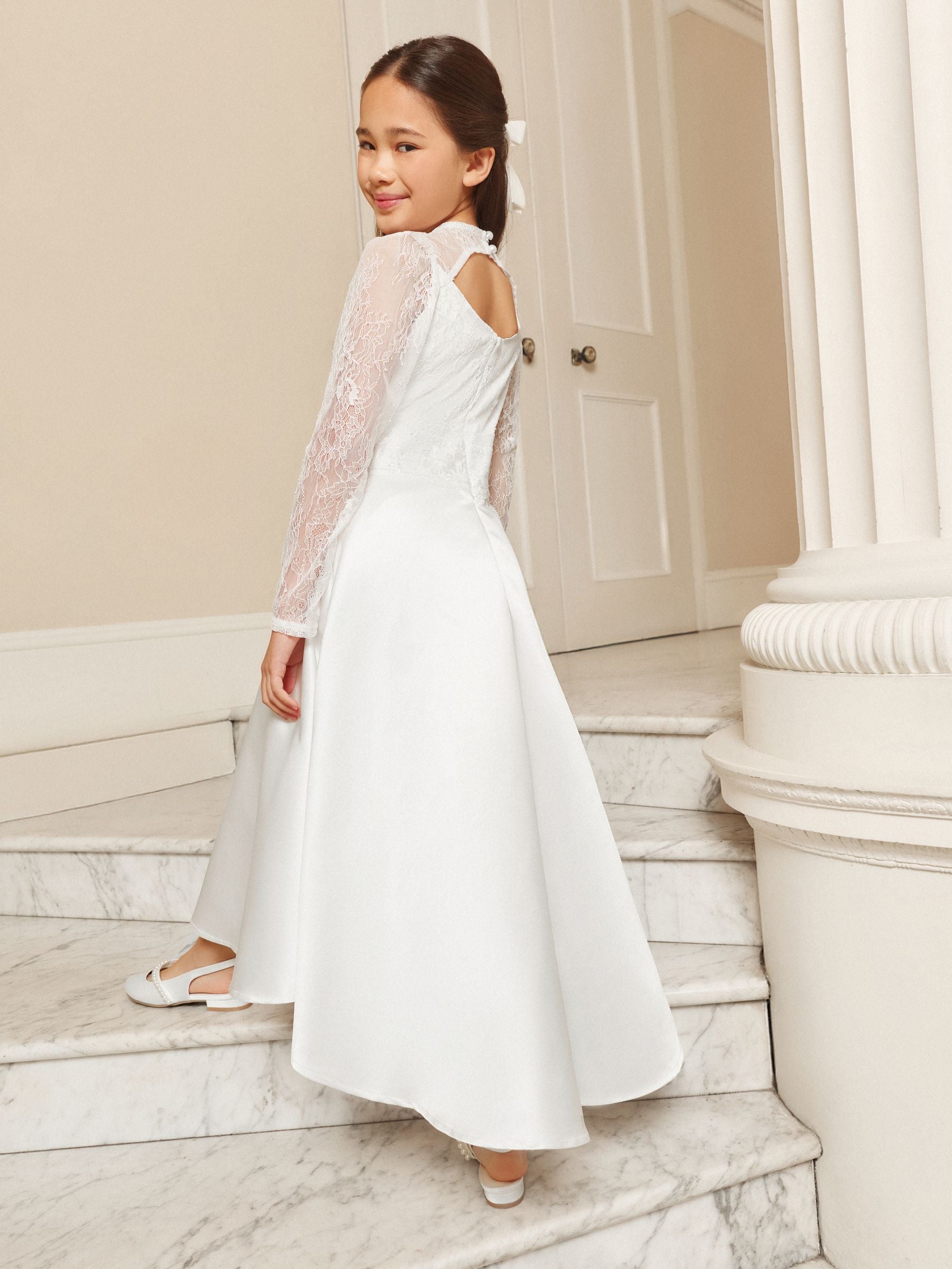 Lipsy White Holy Communion Long Sleeve Lace Satin Occasion Dress (7-11yrs) image 5