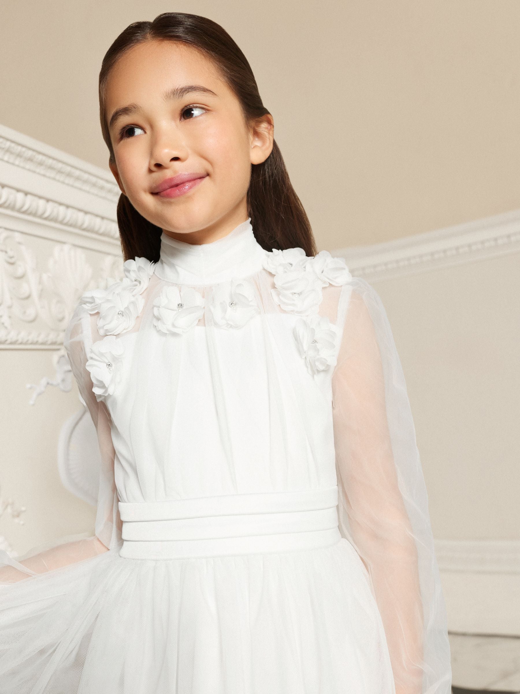 Lipsy White Holy Communion Long Sleeve Mesh Corsage Occasion Dress (7-11yrs) image 2