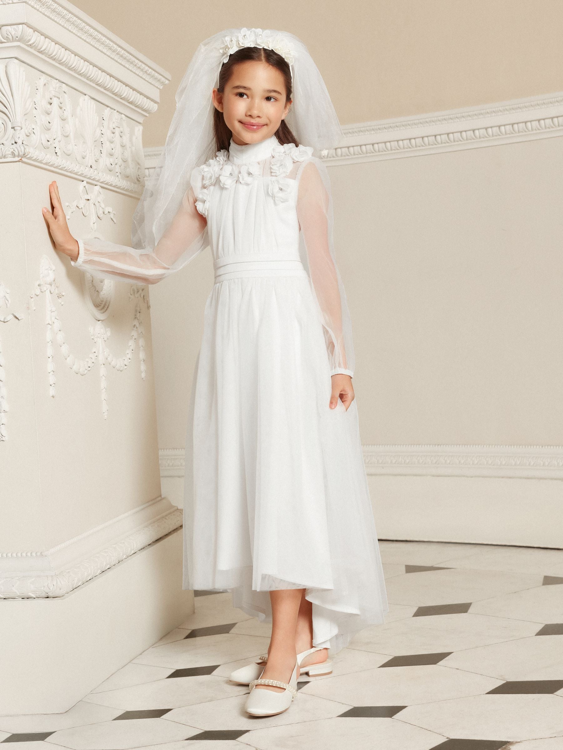 Lipsy White Holy Communion Long Sleeve Mesh Corsage Occasion Dress (7-11yrs) image 3