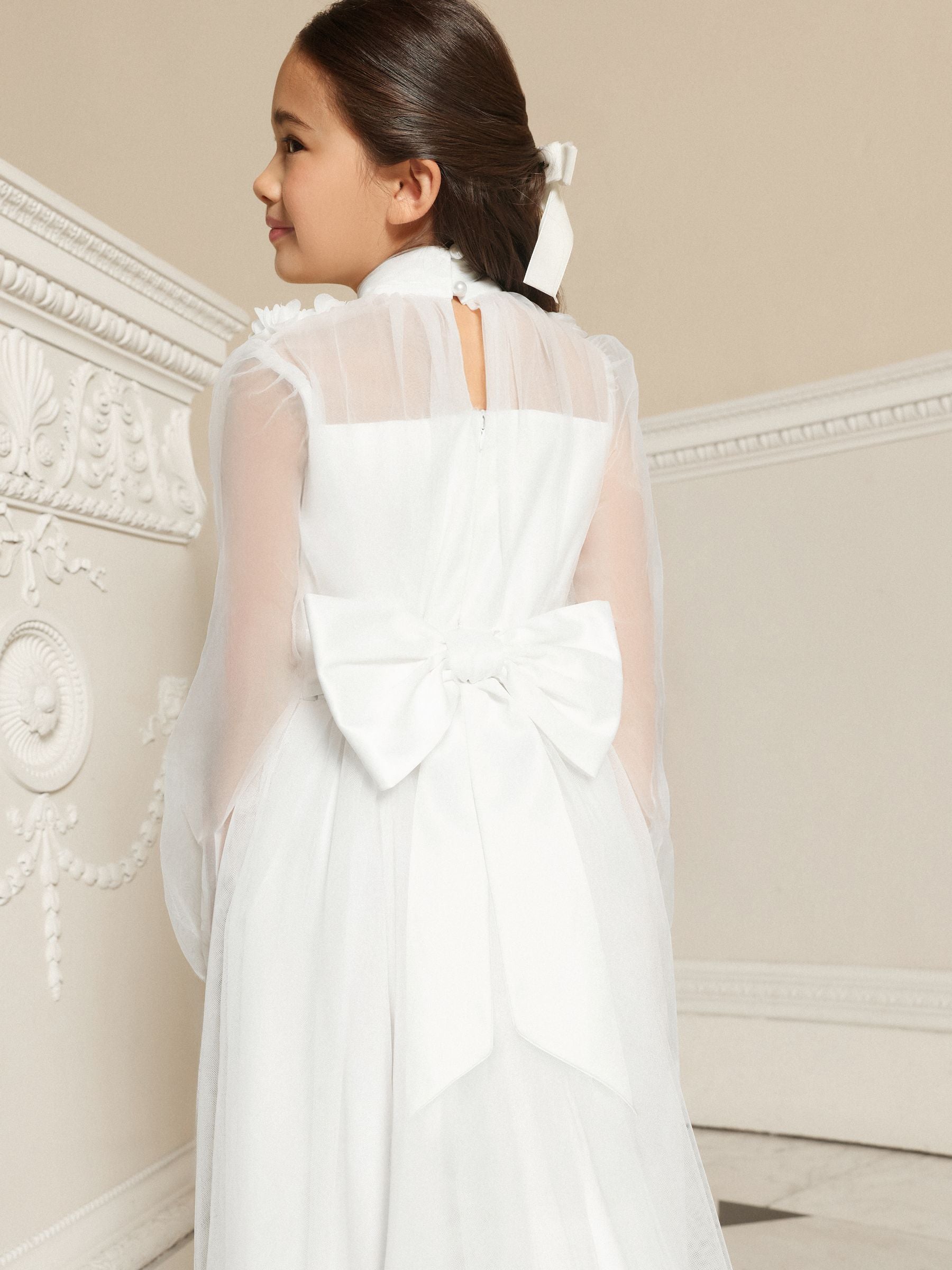 Lipsy White Holy Communion Long Sleeve Mesh Corsage Occasion Dress (7-11yrs) image 4