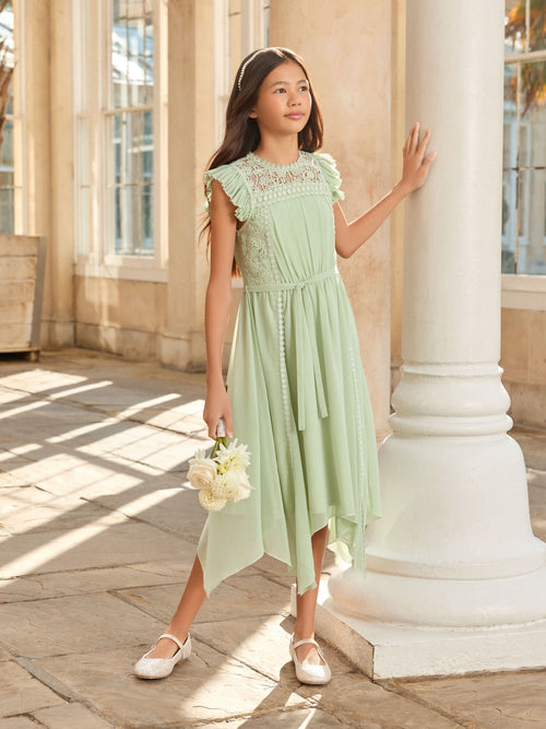 Dsiney Kidz - Lipsy Sage Green Lace Front Flutter Sleeve Occasion Dress (5-16yrs) image 1