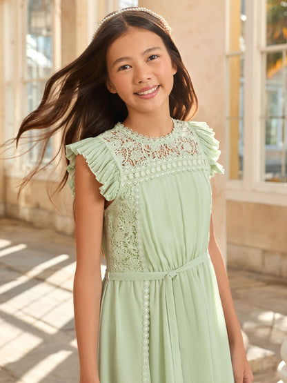 Lipsy Sage Green Lace Front Flutter Sleeve Occasion Dress (5-16yrs) image 3