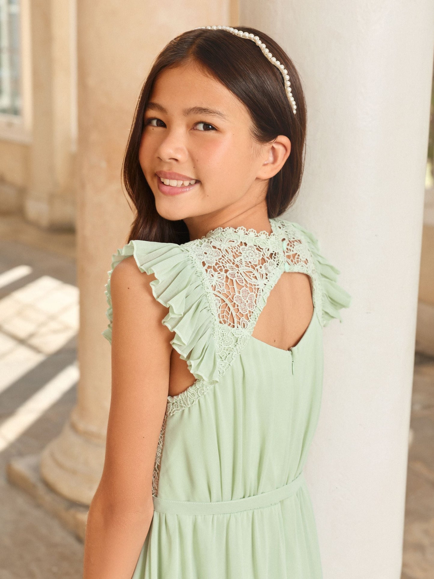 Lipsy Sage Green Lace Front Flutter Sleeve Occasion Dress (5-16yrs) image 4