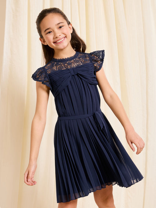 Dsiney Kidz - Lipsy Navy Blue Lace Bow Yolk Pleated Occasion Dress (5-16yrs) image 1