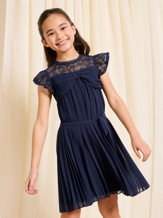 Lipsy Navy Blue Lace Bow Yolk Pleated Occasion Dress (5-16yrs) image 1