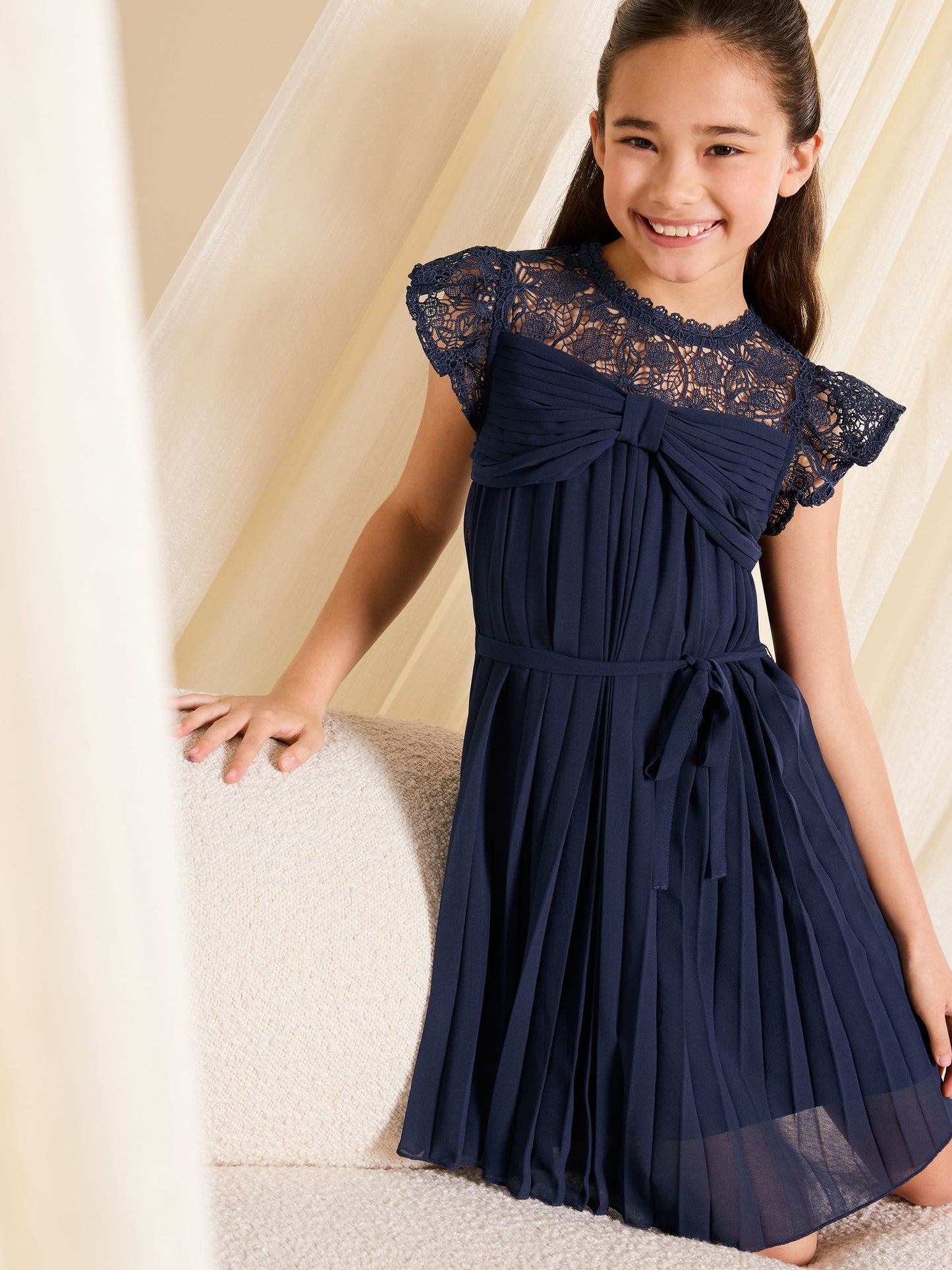 Lipsy Navy Blue Lace Bow Yolk Pleated Occasion Dress (5-16yrs) image 3
