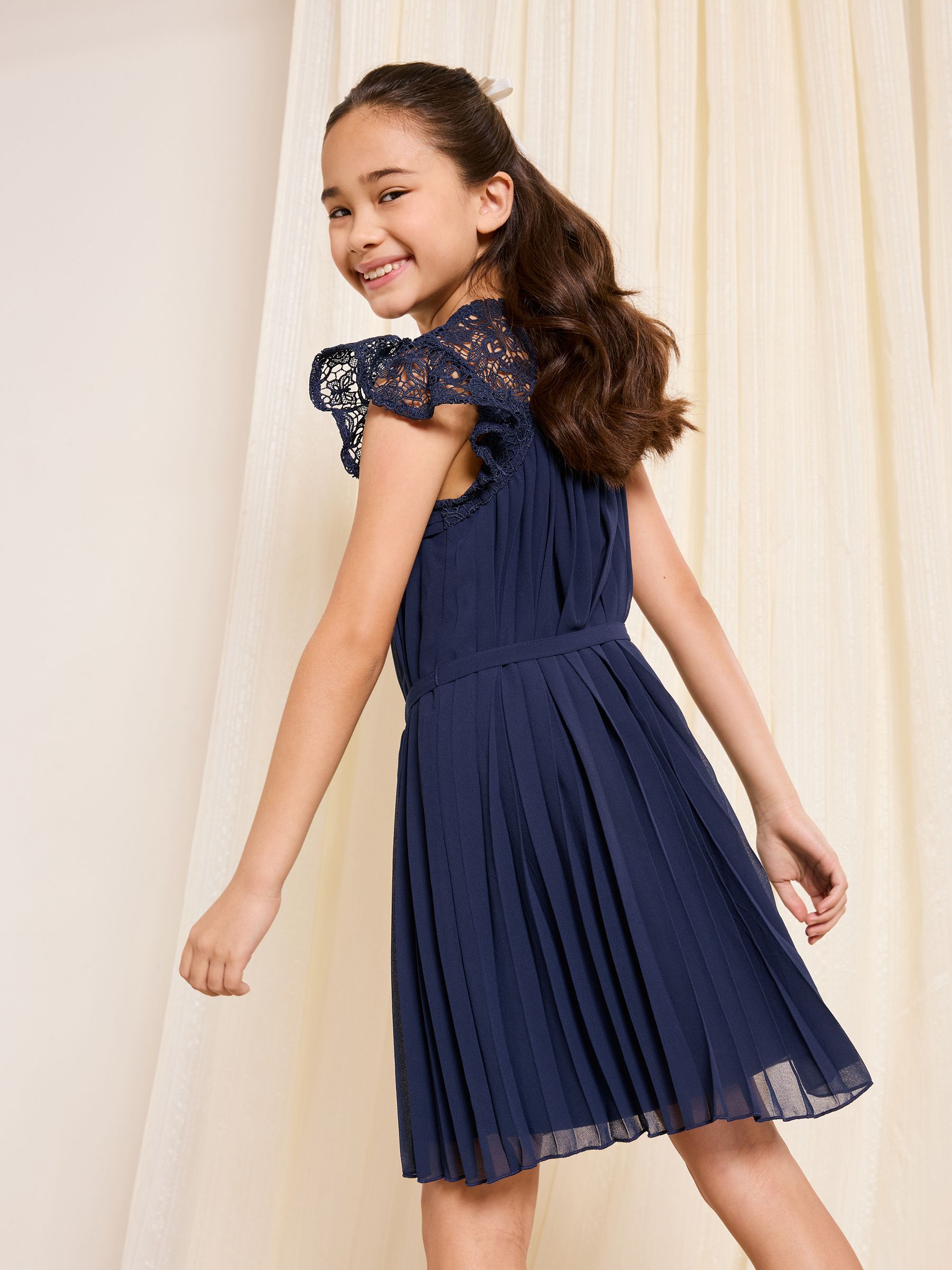 Lipsy Navy Blue Lace Bow Yolk Pleated Occasion Dress (5-16yrs) image 5