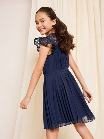 Lipsy Navy Blue Lace Bow Yolk Pleated Occasion Dress (5-16yrs) image 5