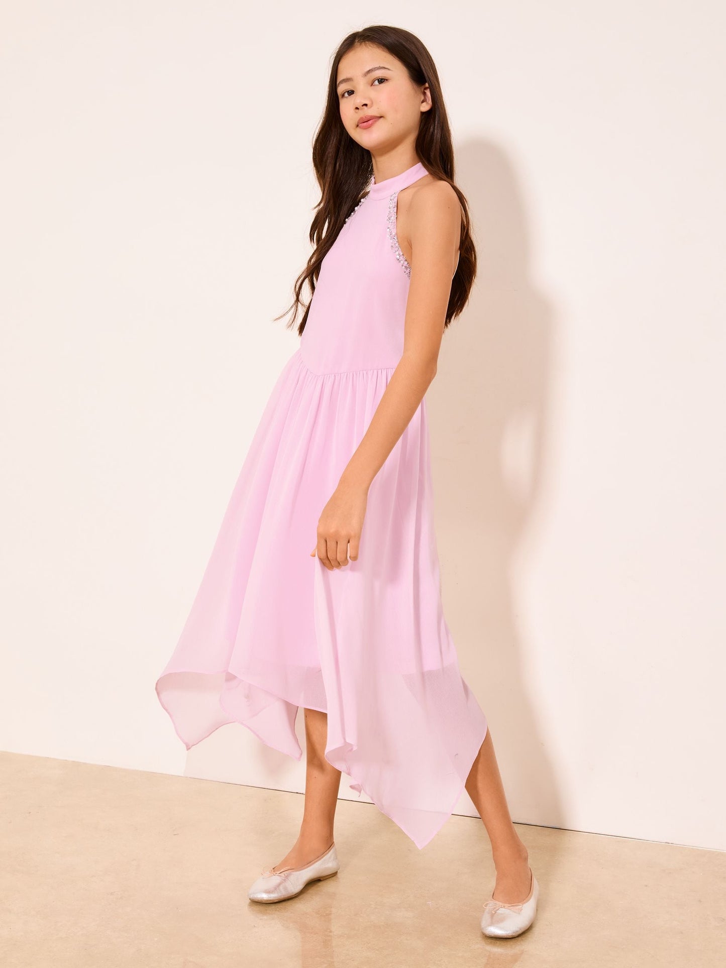 Lipsy Pink Embellished Hanky Hem Halter Occasion Dress (7-16yrs) image 1