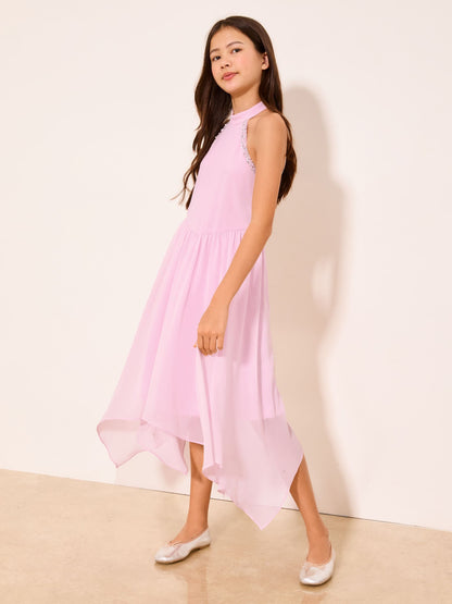 Lipsy Pink Embellished Hanky Hem Halter Occasion Dress (7-16yrs) image 1