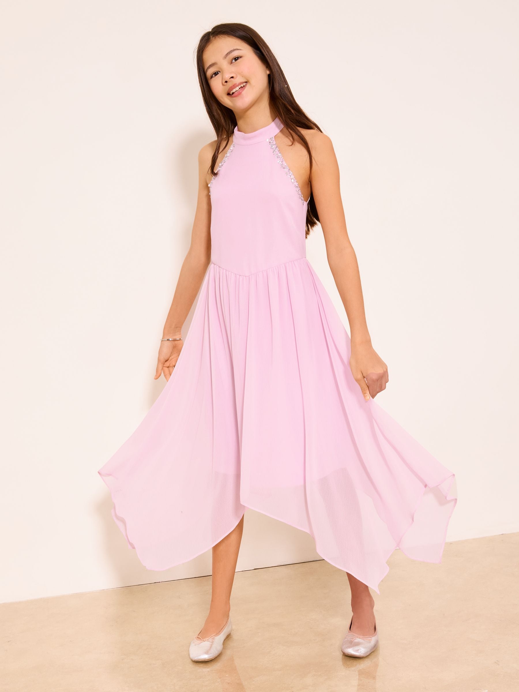 Lipsy Pink Embellished Hanky Hem Halter Occasion Dress (7-16yrs) image 4