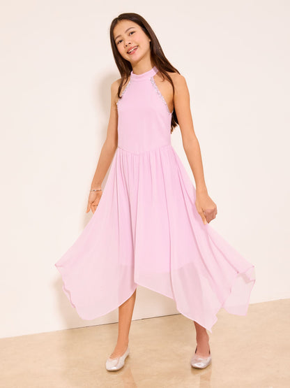 Lipsy Pink Embellished Hanky Hem Halter Occasion Dress (7-16yrs) image 4