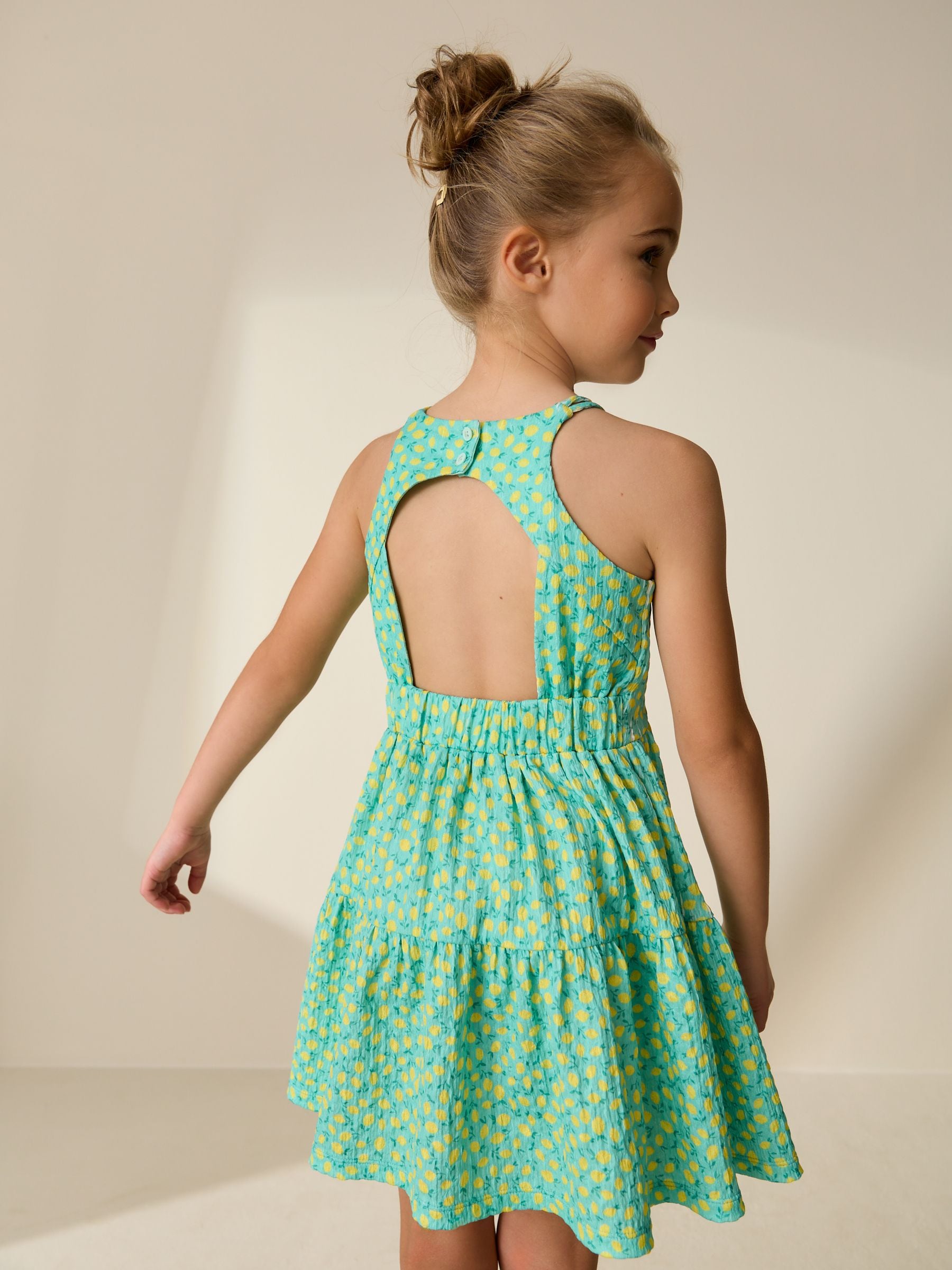 Teal Lemon Print Strappy Crinkle Summer Dress (3-16yrs) image 3