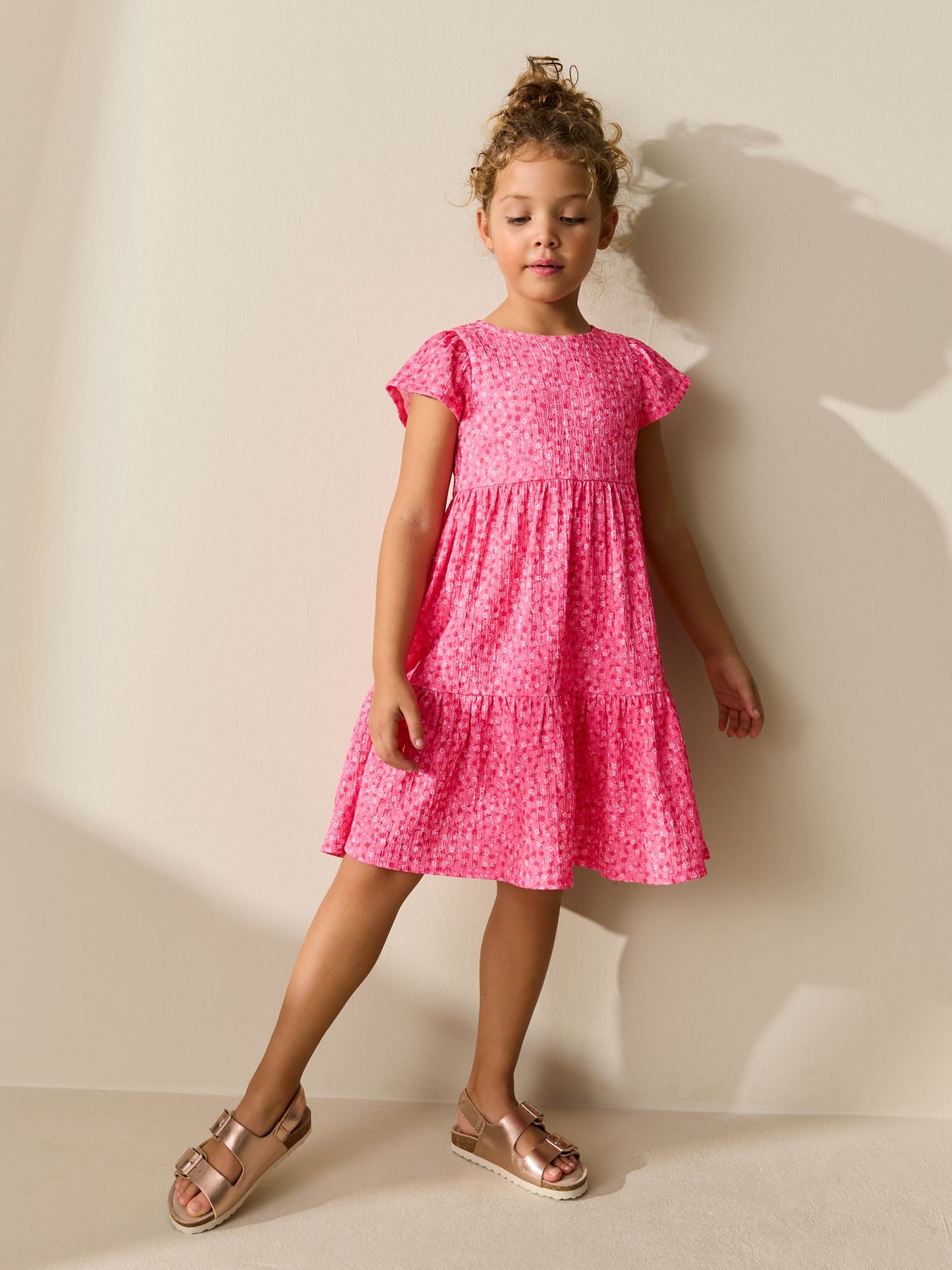 Pink Ditsy Angel Sleeve Crinkle Dress (3-16yrs) image 2