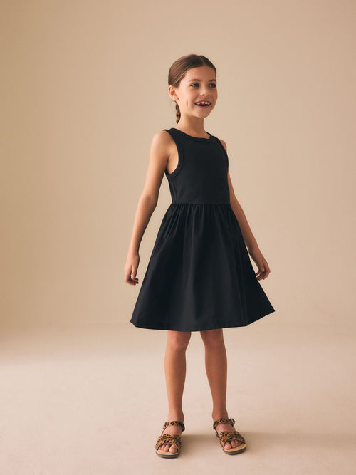 Black Jersey Woven Mix Sleeveless Dress (3-16yrs) image 1