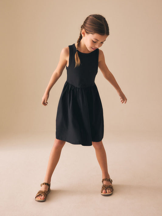 Black Jersey Woven Mix Sleeveless Dress (3-16yrs) image 2