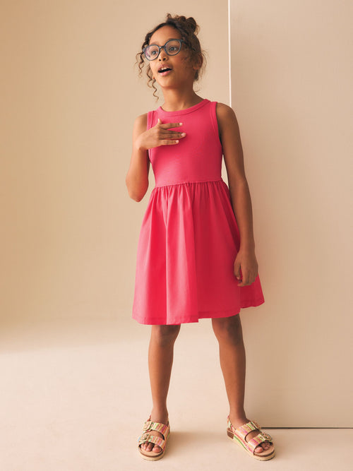 Raspberry Pink Jersey Woven Mix Sleeveless Dress (3-16yrs) image 1